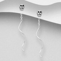 Sterling silver skull threader earrings, on a grey display card