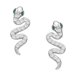 Sterling silver snake stud earrings with green eyes and clear stones on a white background