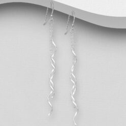 Sterling silver spiral and chain earrings, on a grey display card