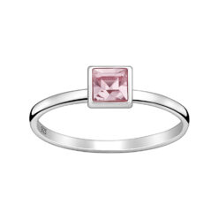 Sterling silver square ring with light rose fine austrian crystal, on a white background