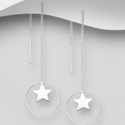 Sterling silver star and circle threader earrings, on a grey display card