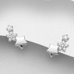 Sterling silver Star Stud Earrings, with Cubic Zirconia, on a grey display card