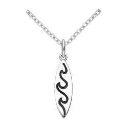 Sterling silver surfboard pendant with a dark wave pattern, shown on a chain against a white background