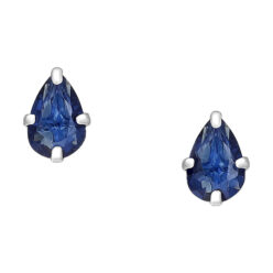 Sterling silver teardrop stud earrings with dark blue cubic zirconia on a white background