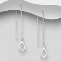 Sterling silver teardrop threader earrings, on a grey display card
