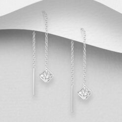 Sterling silver threader earrings decorated with cubic zirconia, on a grey display card
