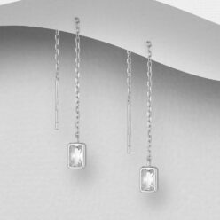 Sterling silver threader earrings with cubic zirconia ingot, on a grey display card