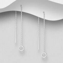 Sterling silver tiny 5.5mm circle threader earrings, on a grey display card