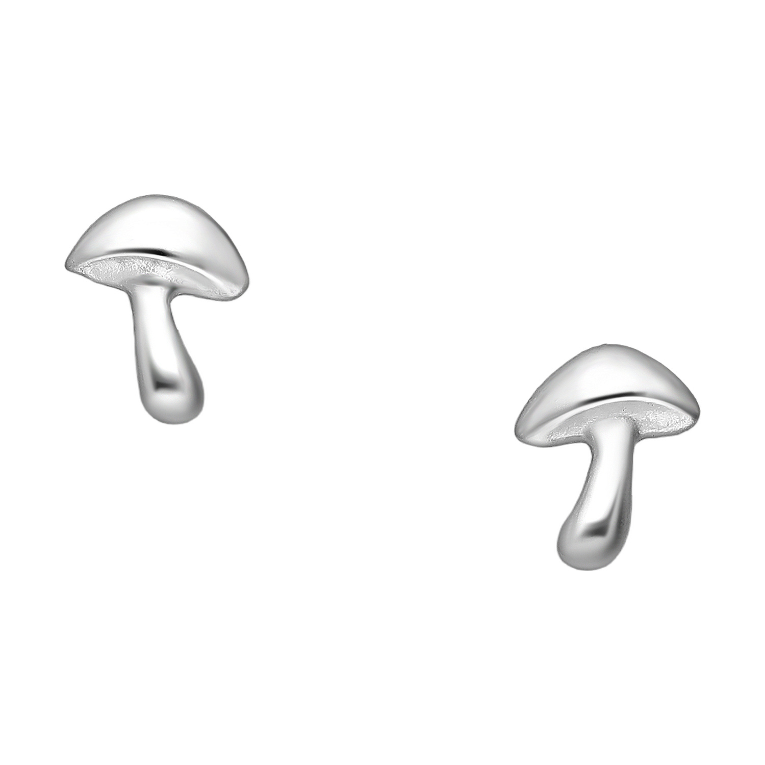 Sterling silver tiny mushroom earrings, on a white background