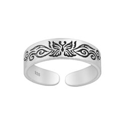 Sterling silver toe ring with oxidised butterfly design, on a white background