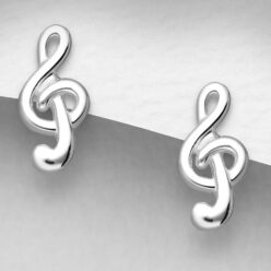 Sterling silver treble clef stud earrings, on a grey display card