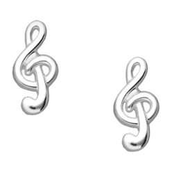 Sterling silver treble clef stud earrings, on a white background