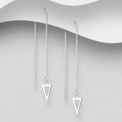 Sterling silver Triangle Threader Earrings, on a grey display card
