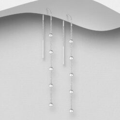 Threader earrings with beads and chain in Sterling silver, on a grey display card