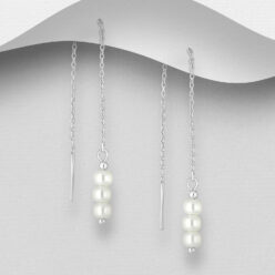 Triple pearl 925 Sterling silver threader earrings, on a grey display card