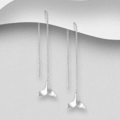 Whale tail 925 Sterling silver threader earrings, on a grey display card
